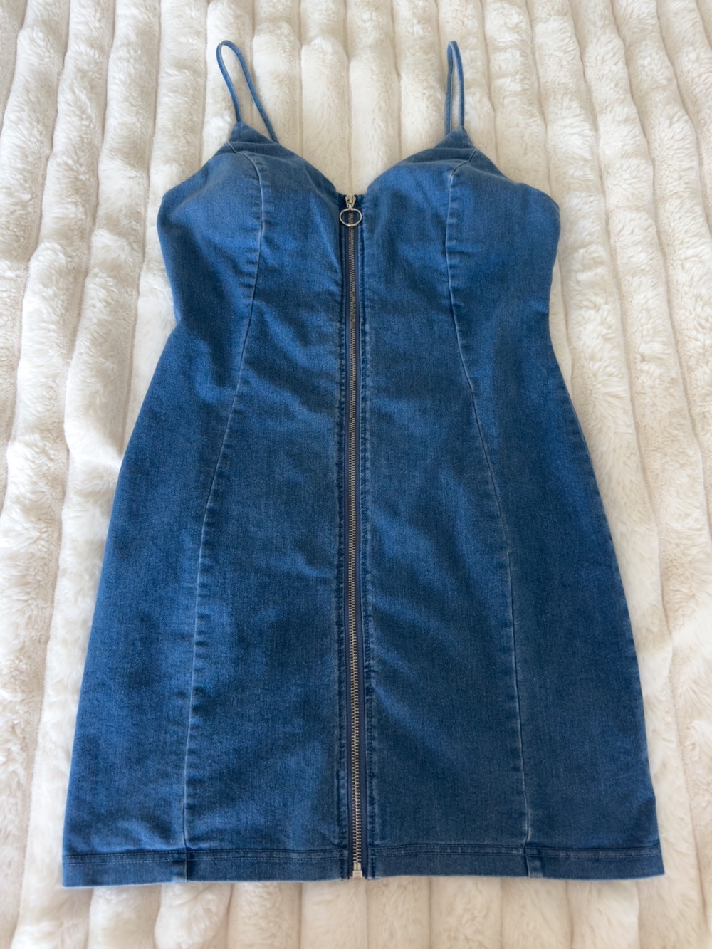 Denim Zip-Front Spaghetti Strap Mini Dress